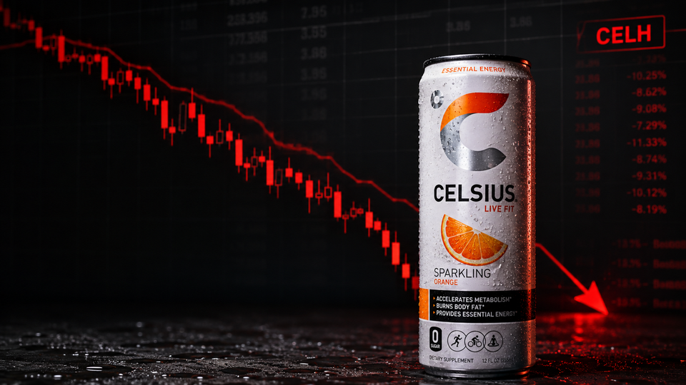A Celsius Sparkling Orange energy drink can in front of a falling red stock chart and a CELH ticker board showing losses